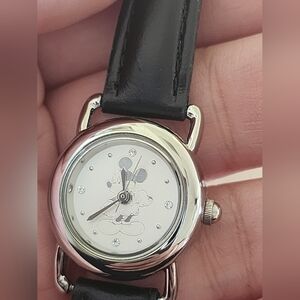 Disney Silver and Black Leather Strap Watch